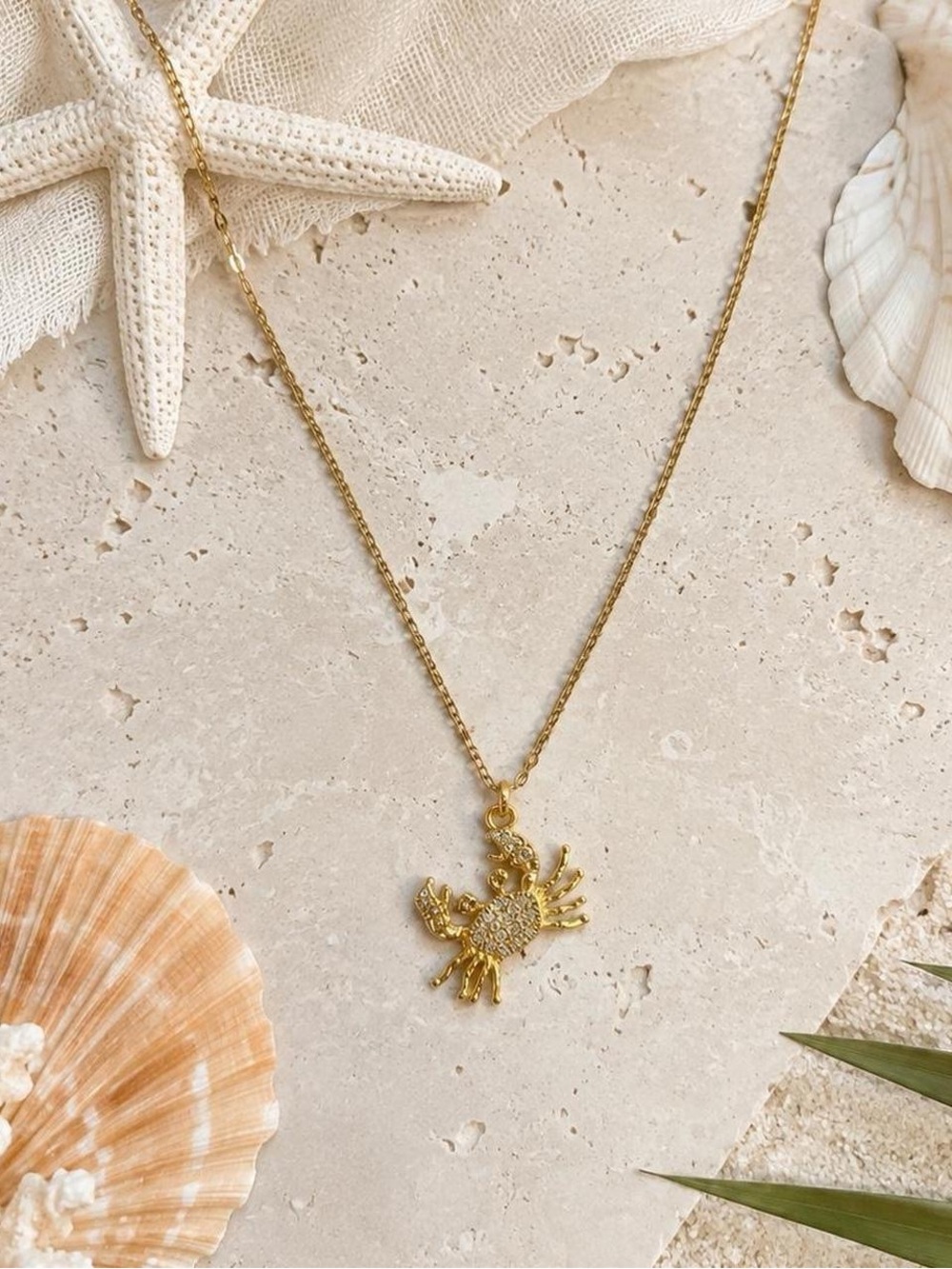 Gold Tone Rhinestone Crab Pendant Necklace Coastal Beach Jewelry